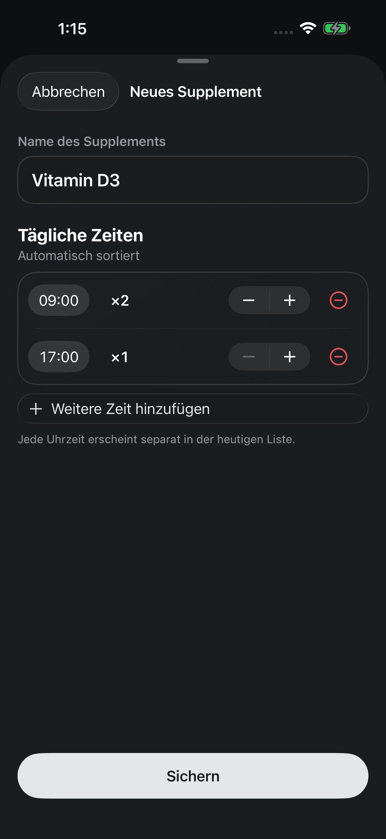 Editor für den Supplement-Einnahmeplan in Zuply