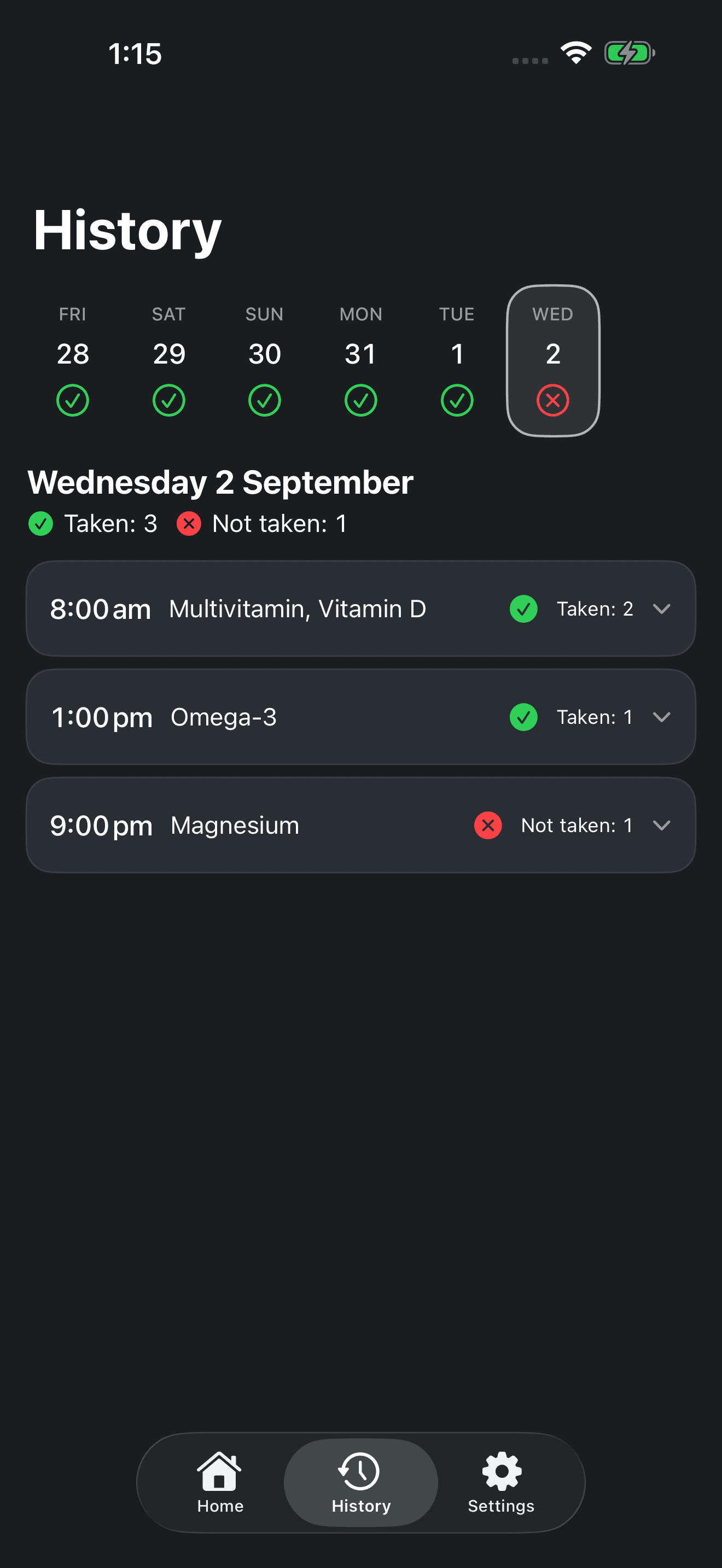 Zuply supplement history by day