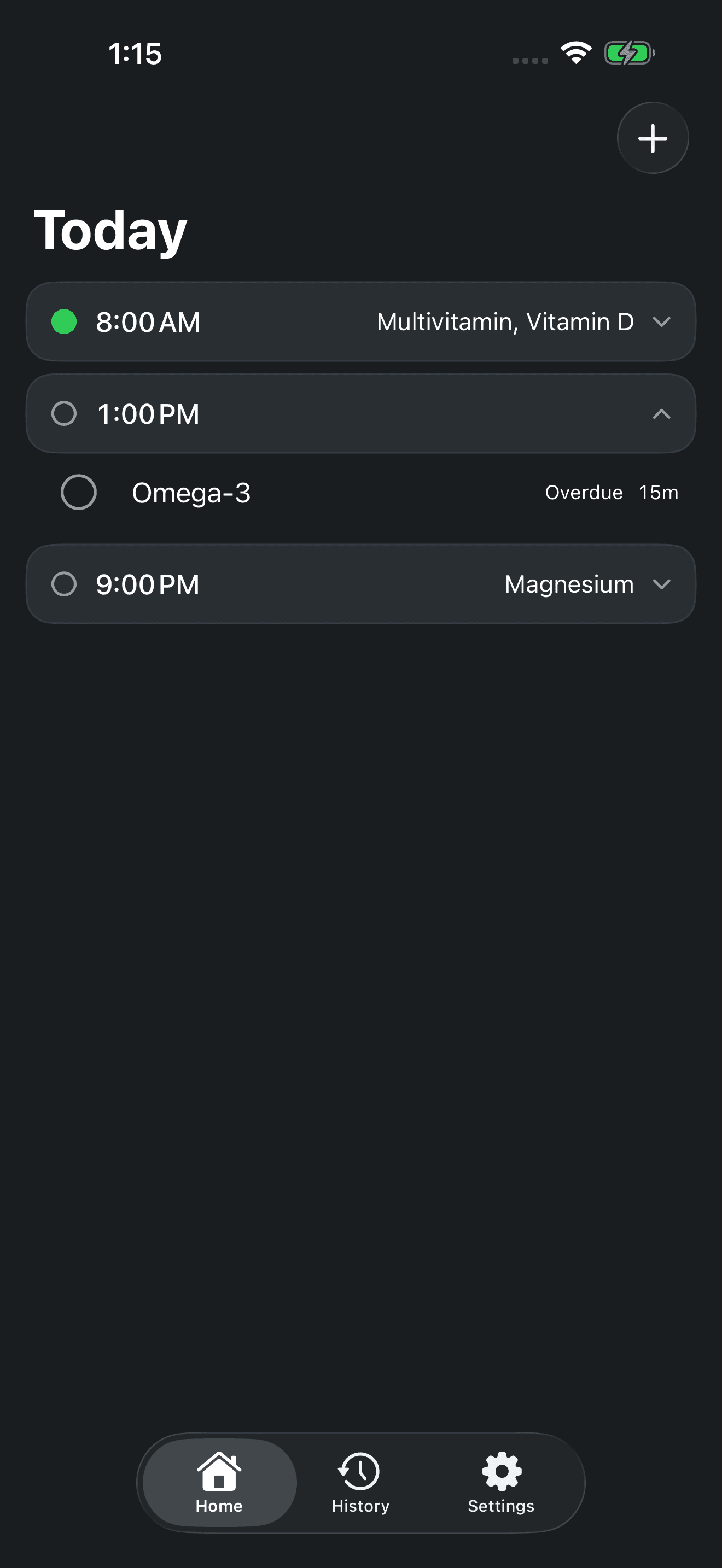 Zuply Today screen showing a daily supplement schedule