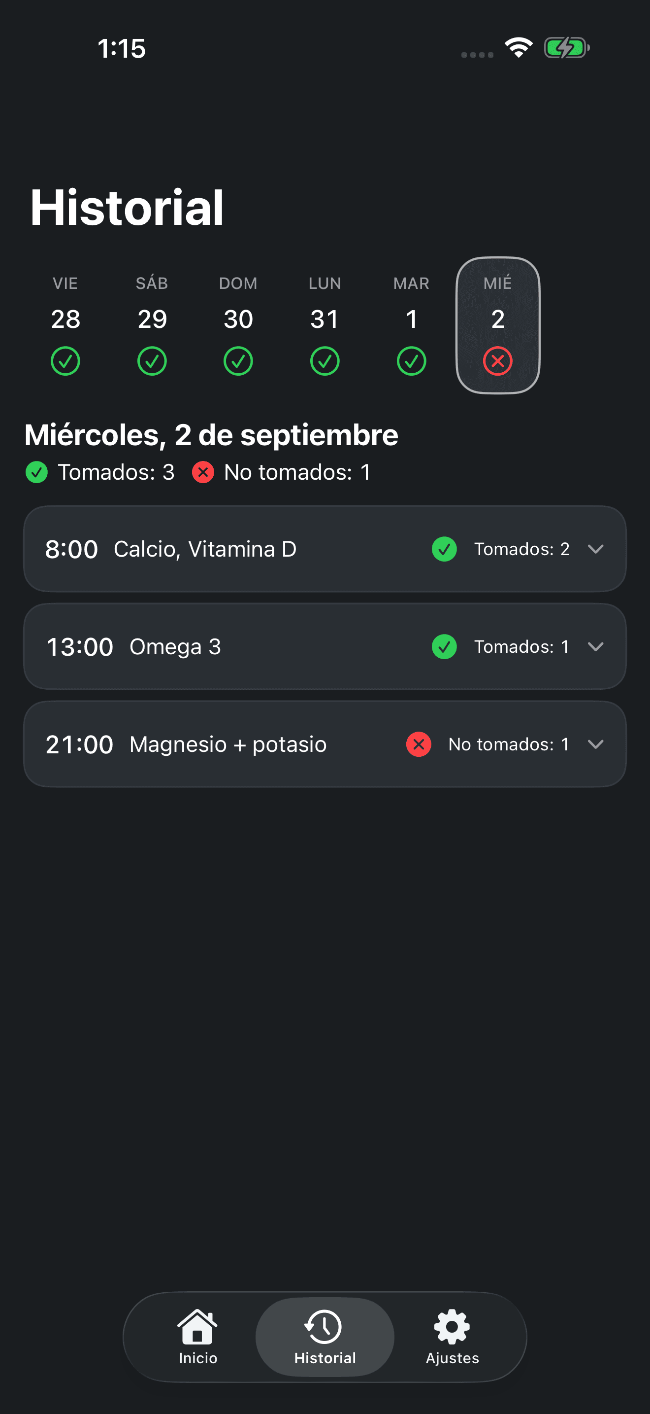 Historial de suplementos por día en Zuply