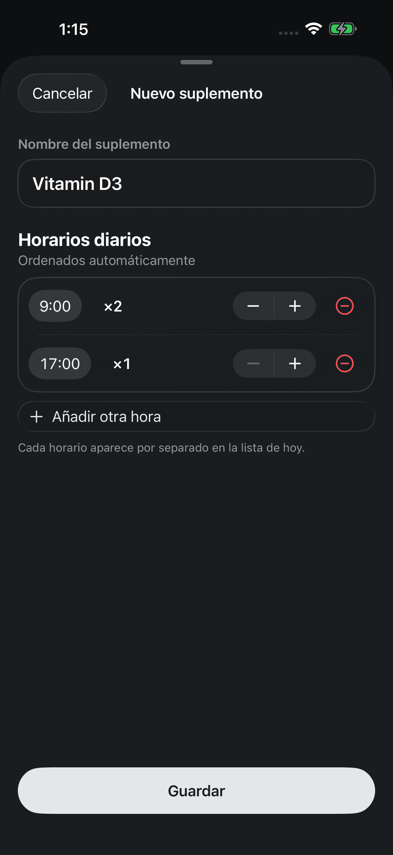 Editor de horarios de suplementos de Zuply