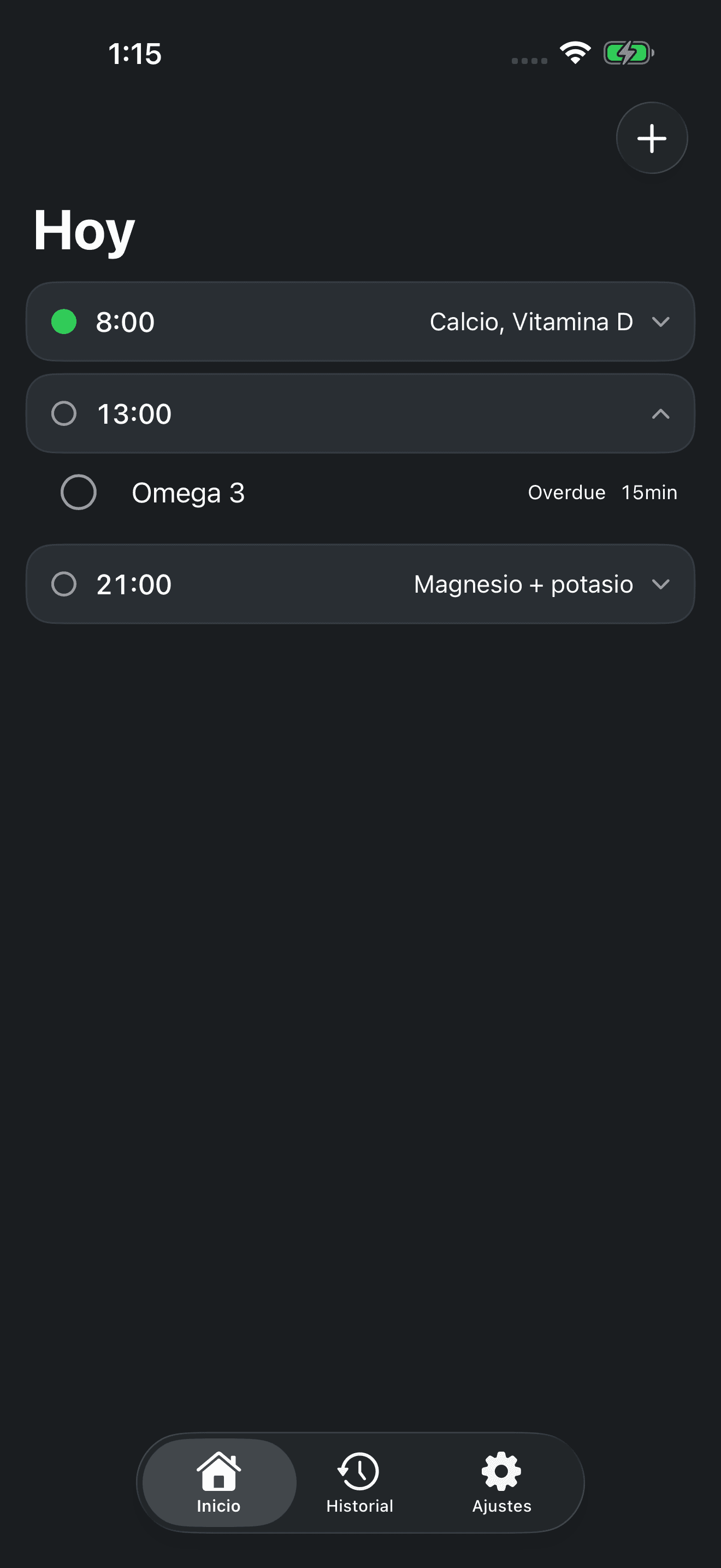Pantalla Hoy de Zuply con el horario diario de suplementos
