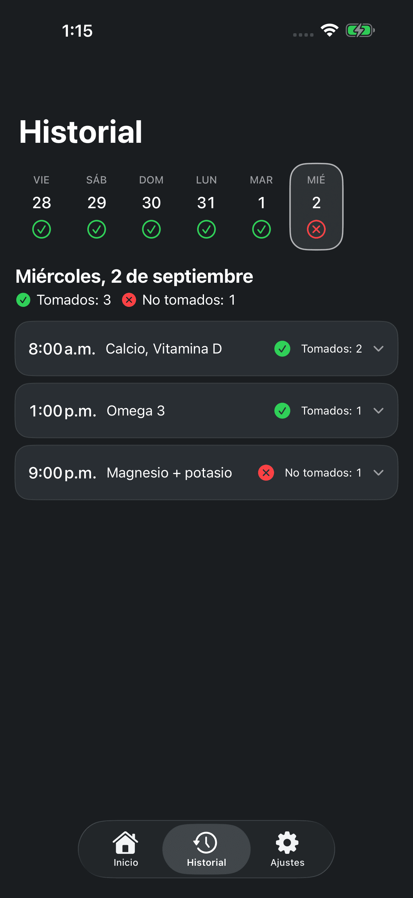 Historial de suplementos por día en Zuply