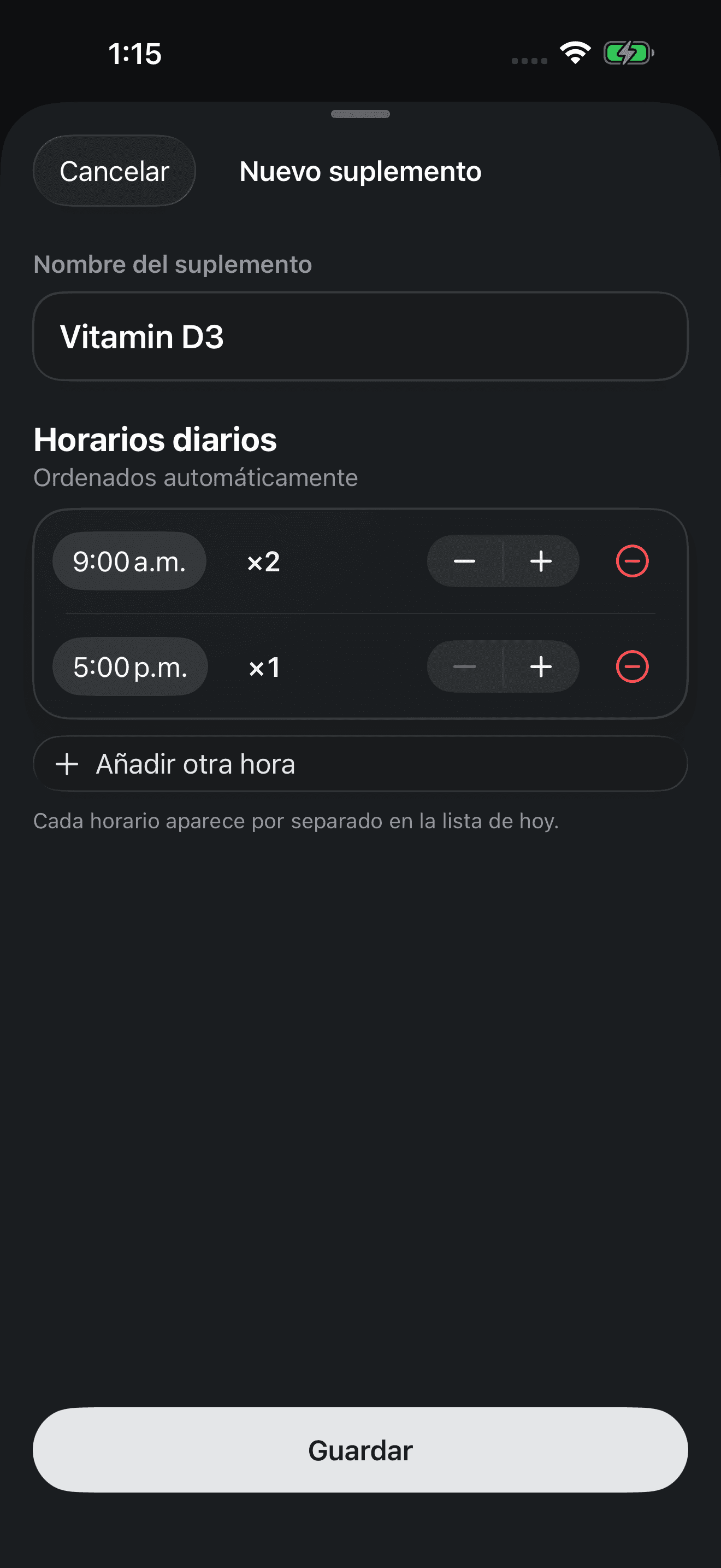 Editor de horarios de suplementos de Zuply
