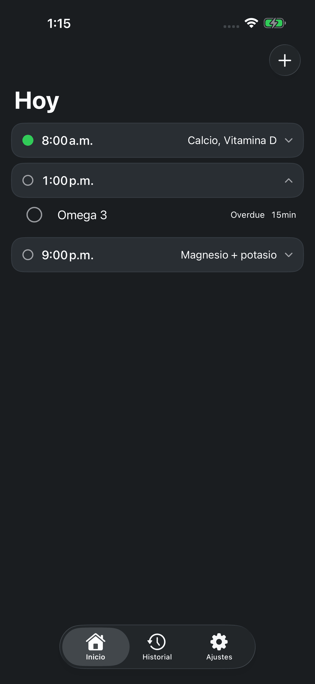 Pantalla Hoy de Zuply con el horario diario de suplementos