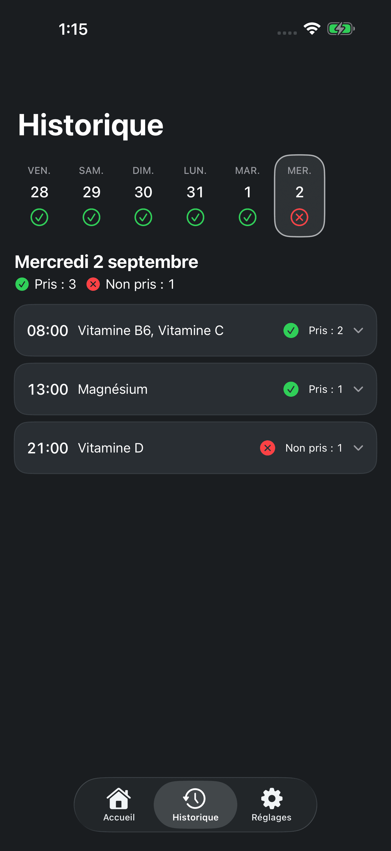 Historique des compléments par jour dans Zuply