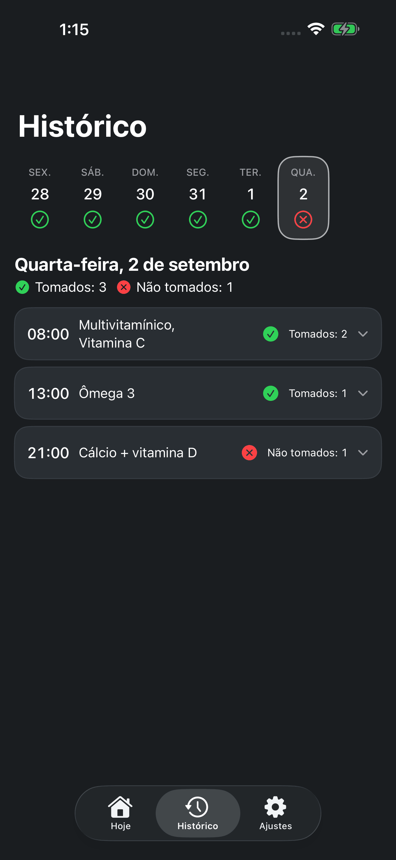 Histórico de suplementos por dia no Zuply
